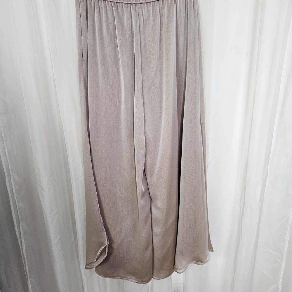 St. John Evening Wide-Leg Silk Satin Chiffon Layered Side Slit Trousers Taupe 8 - Picture 9 of 12